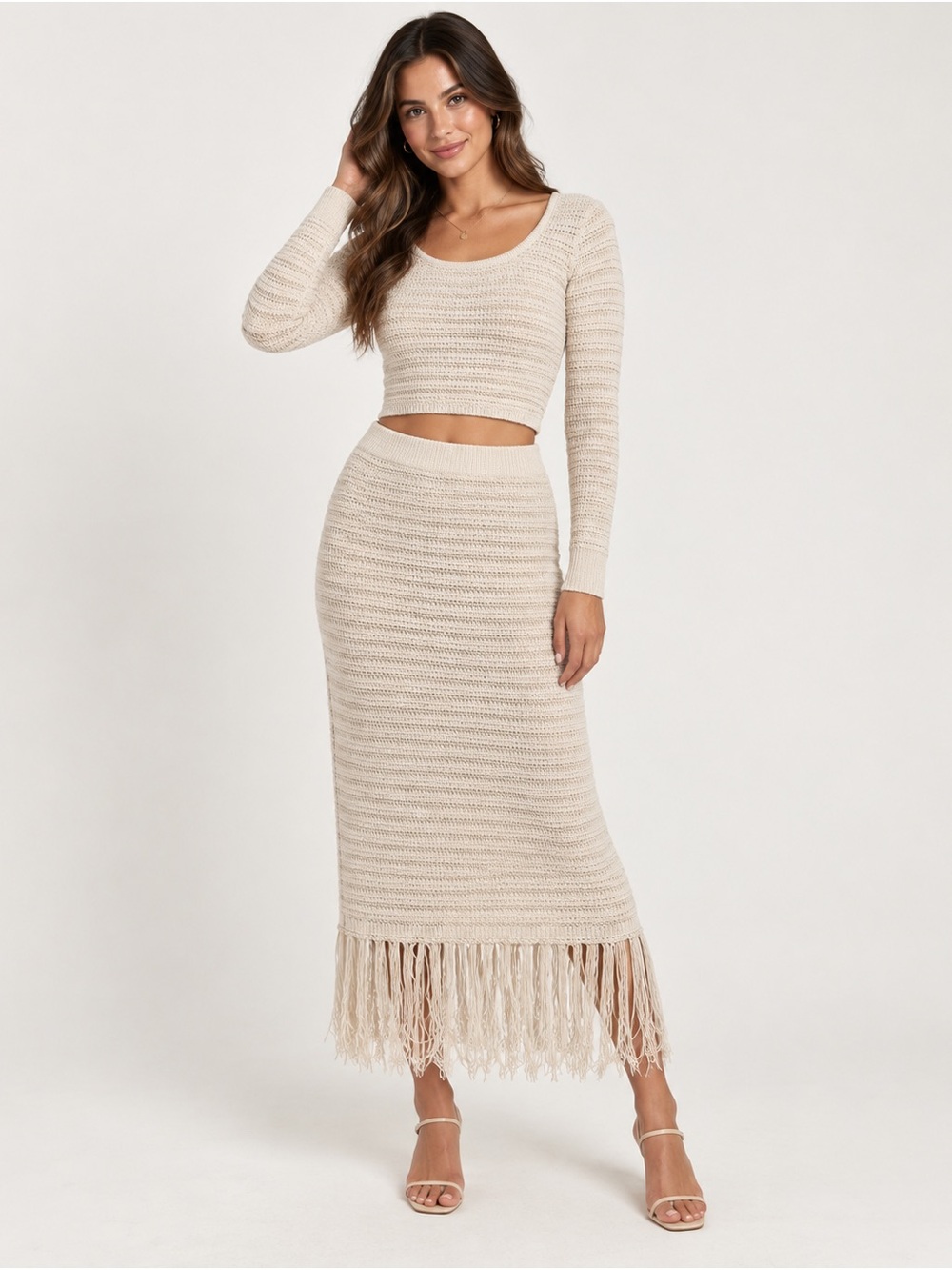 Freshman Crochet Fringe Maxi Skirt in Cream
